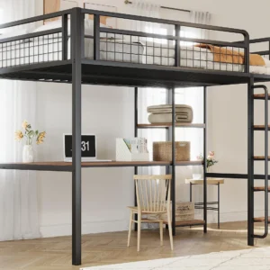 Cama alta em metal 140x200 cm - com secretária e escada de segurança - Preto