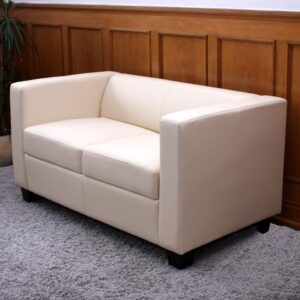 Sofá 2 lugares BASILIO, Design Elegante, Grande Conforto, Pele, Cor Creme